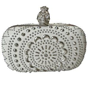 Alexander McQueen Britannia Skull Box Clutch Studded Rhinestone White Leather